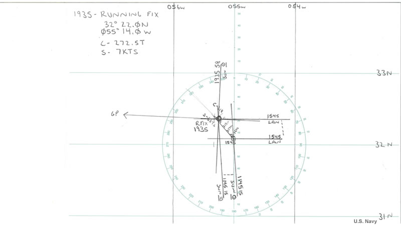 screenshot showing Universal Plotting Sheet with 1935 Sun line, and running fix based on advanced lines of position