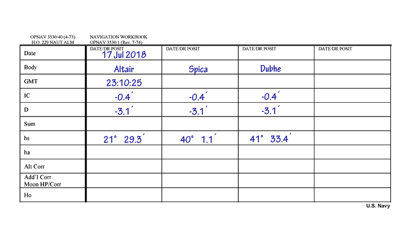 strip form for three-star evening fix with sextant heights marked