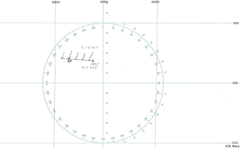 printable version of Universal Plotting Sheet with dead reckoning marked for beginning to plot three-star evening fix. 