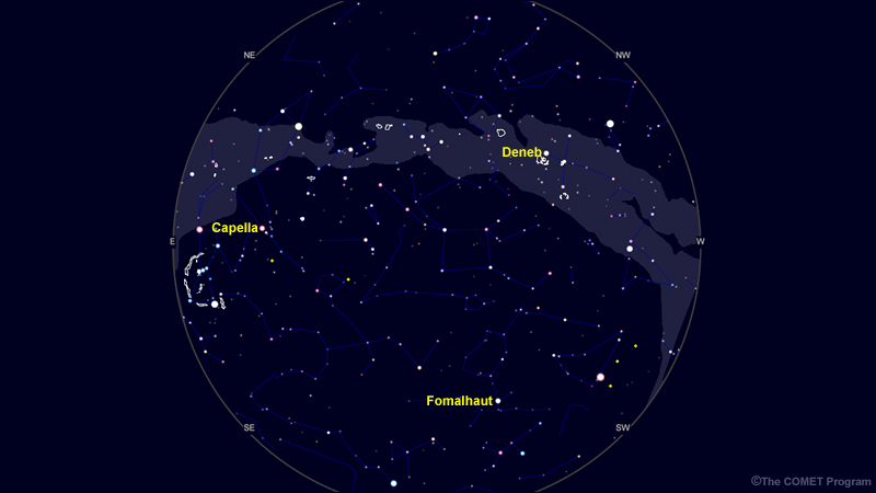 sky map showing locations of Capella, Deneb, and Formalhaut