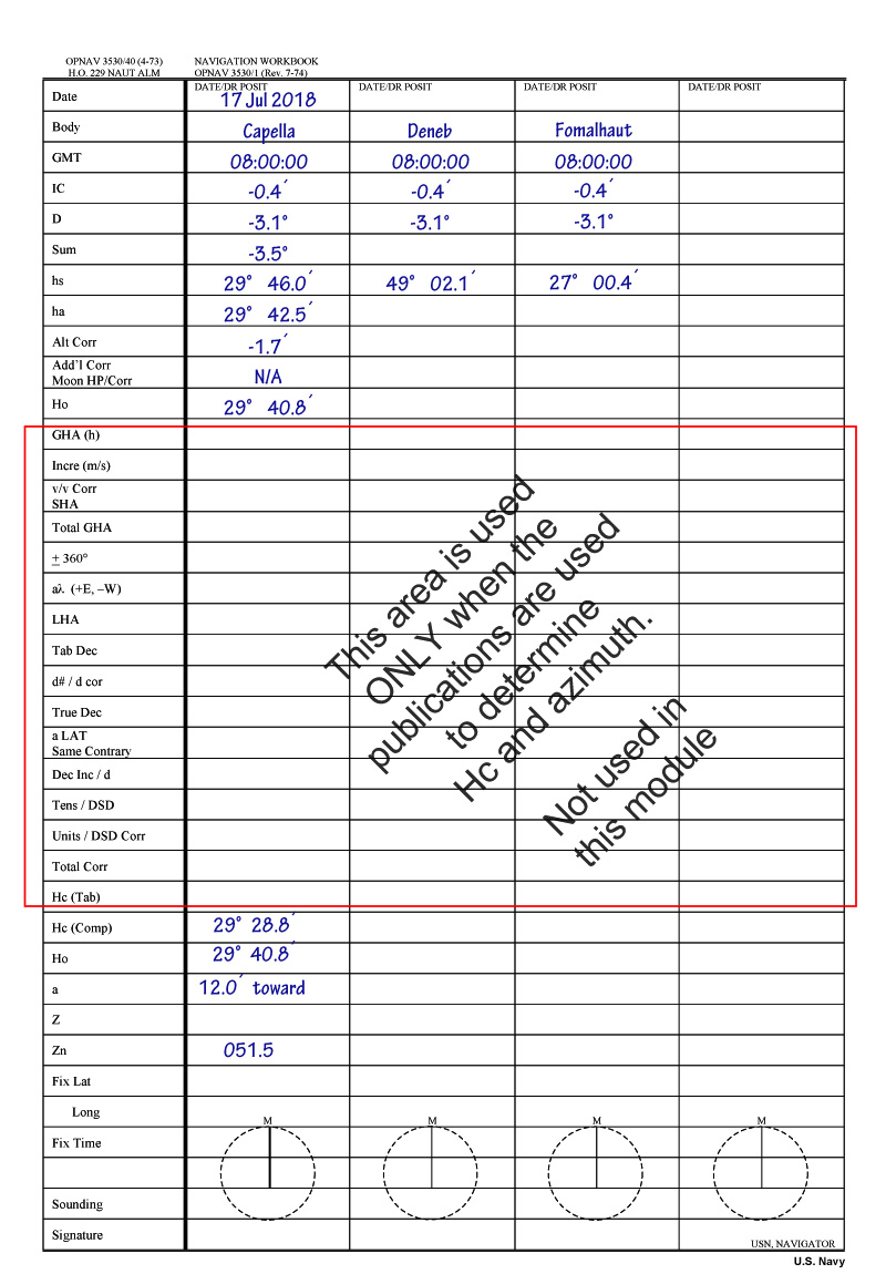 partially completed strip form for three-star morning fix, showing the sight reduction values for Capella