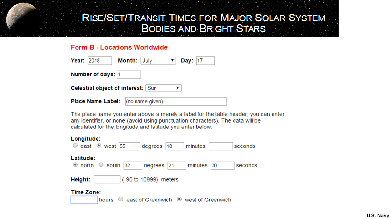 screenshot of data input area on US Naval Observatory Rise/Set/Transit web interface