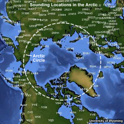 Map showing sounding locations in the Arctic
