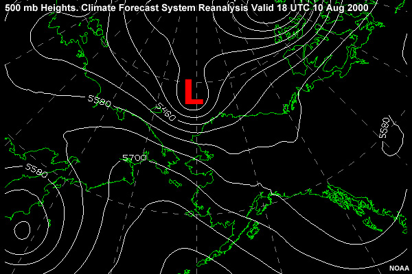 500 mb Heights in the Alaska region. Climate Forecast System Reanalysis valid 06 UTC 10 Aug 2000