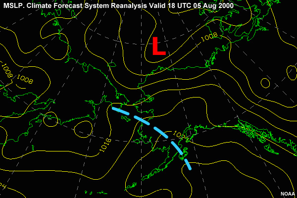 MSLP in the Alaska region. Climate Forecast System Reanalysis valid 18 UTC 05 Aug 2000