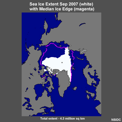Sea Ice Extent Sep 2007 (white) with Median Ice Edge (magenta)