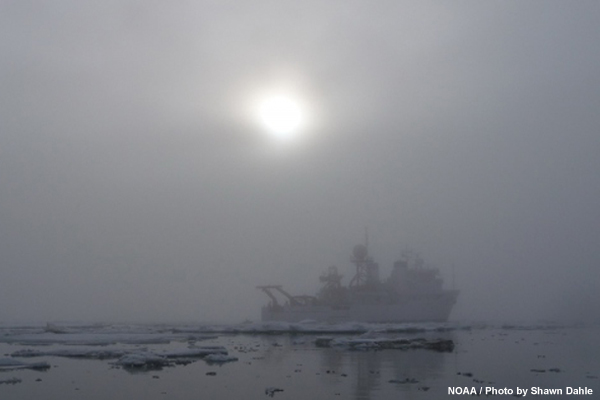 Photo of fog-shrouded ship in sea ice