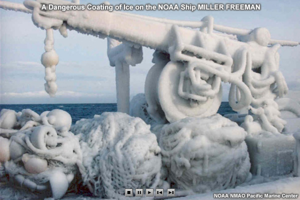 photos showing a dangerous coating of ice on the NOAA Ship MILLER FREEMAN