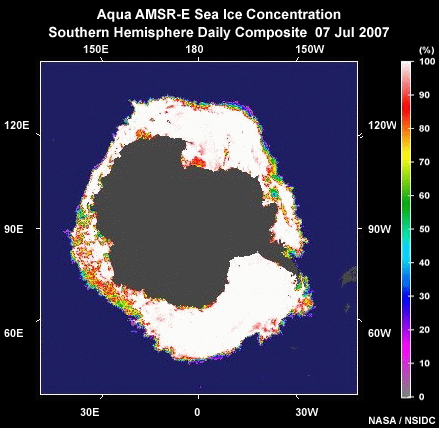 Aqua AMSR-E sea ice concentration for daily orbits on 7 July, 2007.