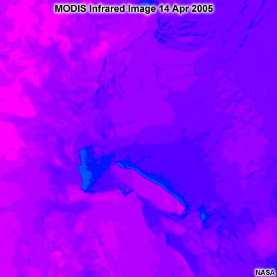 MODIS Infrared Image 14 Apr 2005 showing sea ice and icebergs off Antarctica