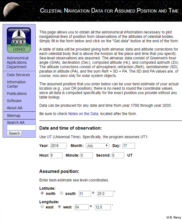 screenshot of front page of U.S. Naval Observatory Celestial Navigation data calculator, available on the web