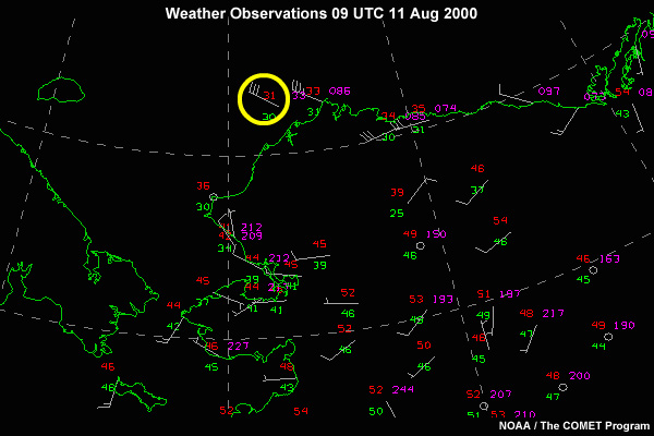 Weather Observations in Alaska, Eastern Russia, and the Bering, Chukchi, and Beaufort Seas 09 UTC 11 Aug 2000