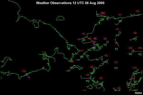 Weather Observations in Alaska, Eastern Russia, and the Bering, Chukchi, and Beaufort Seas 12 UTC 08 Aug 2000