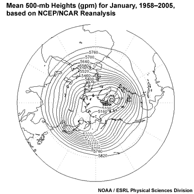 Mean 500-mb Heights (gpm) for January, 1958–2005, based on NCEP/NCAR Reanalysis
