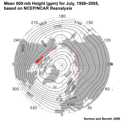 Mean 500-mb Height (gpm) for July, 1958–2005, based on NCEP/NCAR Reanalysis