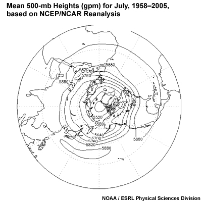 Mean 500-mb Heights (gpm) for July, 1958–2005, based on NCEP/NCAR Reanalysis