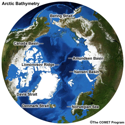Map of the Arctic with bathymetric features