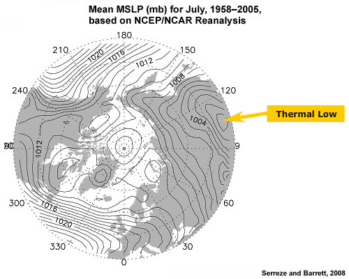 Mean MSLP (mb) for July, 1958–2005, based on NCEP/NCAR Reanalysis