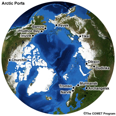 Map of the Arctic with Ports