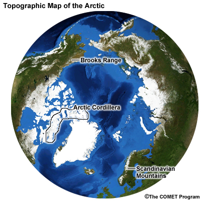 Topographic Map of the Arctic with Mountain Ranges labeled