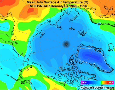 Mean July Surface Air Temperature (C) for the Arctic. NCEP/NCAR Reanalysis 1968 - 1996