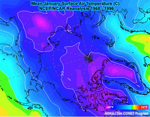 Mean January Surface Air Temperature (C) for the Arctic. NCEP/NCAR Reanalysis 1968 - 1996