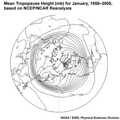 Mean tropopause height for January, 1958–2005, based on NCEP/NCAR Reanalysis
