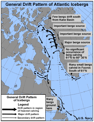 Map showing general drift pattern of Atlantic icebergs