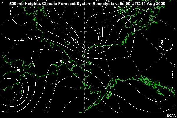 500 mb Heights in the Alaska region. Climate Forecast System Reanalysis valid 00 UTC 11 Aug 2000