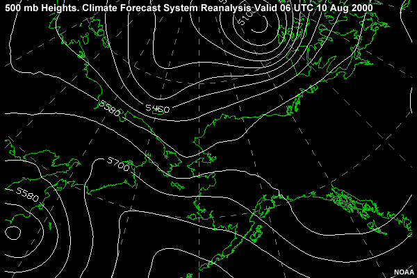 500 mb Heights in the Alaska region. Climate Forecast System Reanalysis valid 06 UTC 10 Aug 2000