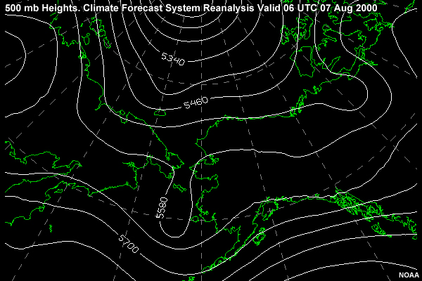 500 mb Heights in the Alaska region. Climate Forecast System Reanalysis valid 06 UTC 07 Aug 2000