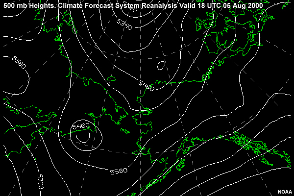 500 mb Heights in the Alaska region. Climate Forecast System Reanalysis valid 18 UTC 05 Aug 2000