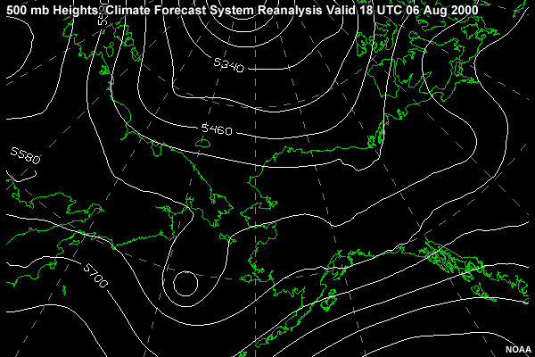 500 mb Heights. Climate Forecast System Reanalysis valid 18 UTC 06 Aug 2000