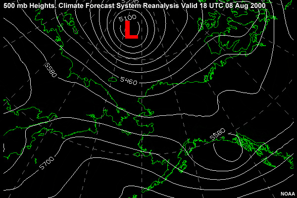500 mb Heights in the Alaska region. Climate Forecast System Reanalysis valid 18 UTC 08 Aug 2000