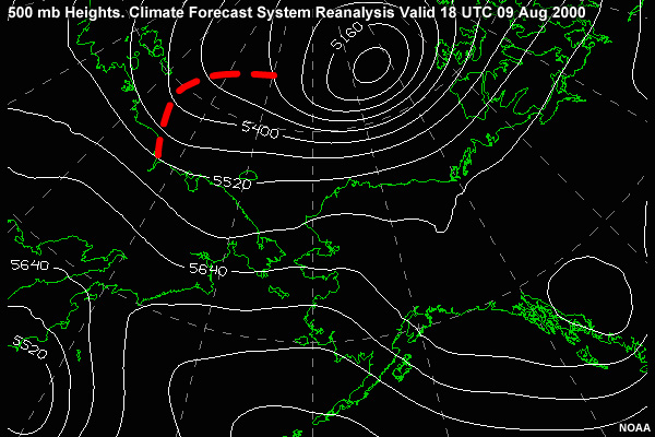 500 mb Heights in the Alaska region. Climate Forecast System Reanalysis valid 18 UTC 09 Aug 2000