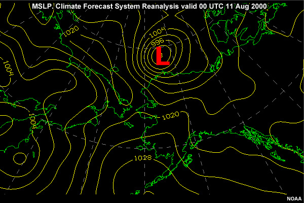 MSLP in the Alaska region. Climate Forecast System Reanalysis valid 00 UTC 11 Aug 2000