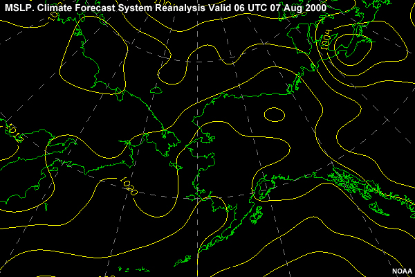 MSLP. Climate Forecast System Reanalysis valid 06 UTC 07 Aug 2000