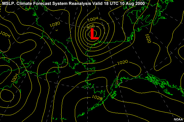 MSLP in the Alaska region. Climate Forecast System Reanalysis valid 06 UTC 10 Aug 2000
