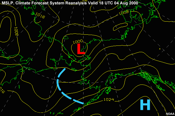 MSLP in the Alaska region. Climate Forecast System Reanalysis valid 18 UTC 04 Aug 2000