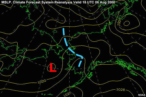 MSLP in the Alaska region. Climate Forecast System Reanalysis valid 18 UTC 06 Aug 2000