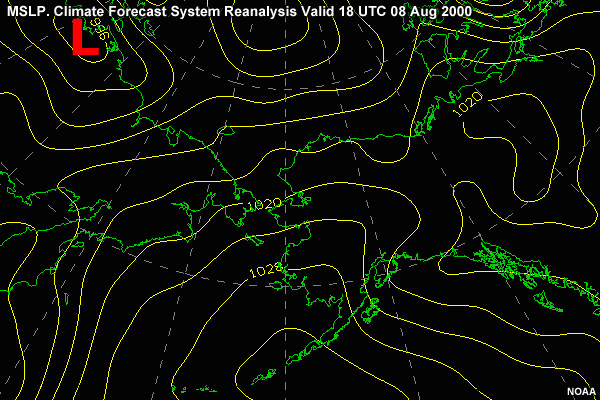 MSLP in the Alaska region. Climate Forecast System Reanalysis valid 18 UTC 08 Aug 2000