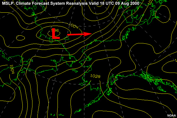 MSLP in the Alaska region. Climate Forecast System Reanalysis valid 18 UTC 09 Aug 2000