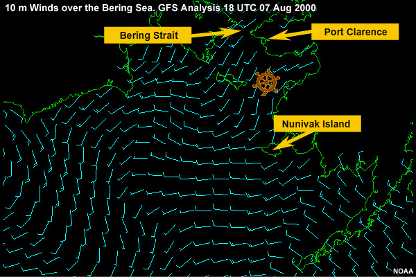 10 m Winds over the Bering Sea. GFS Analysis 18 UTC 07 Aug 2000