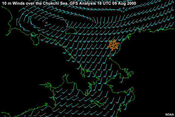 10 m Winds over the Chukchi Sea. GFS Analysis 18 UTC 09 Aug 2000 
