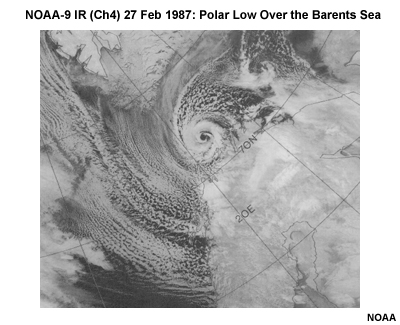 NOAA-9 IR (Ch4) 27 Feb 1987: Polar Low Over the Barents Sea