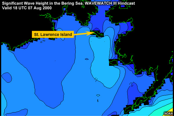 Significant Wave Height in the Bering Sea. WAVEWATCH III Hindcast valid 18 UTC 07 Aug 2000
