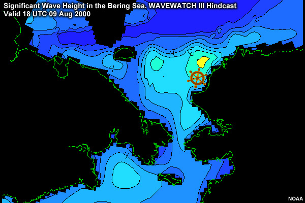 Significant Wave Height in the Bering Sea. WAVEWATCH III Hindcast valid 18 UTC 09 Aug 2000