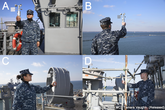 photo of aerographer's mate using an anemometer in a correct location (away from obstructions) on ship