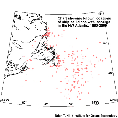 Chart showing known locations of ship collisions with icebergs in the NW Atlantic