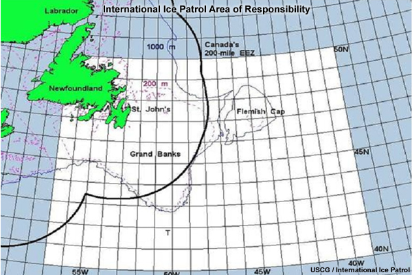 Map showing the International Ice Patrol's Area of Responsibility